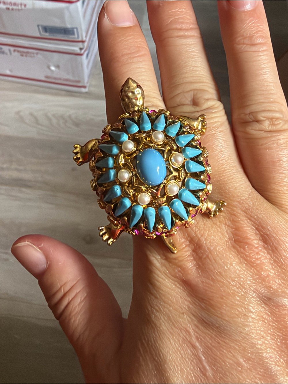 Gold Turtle Statement Ring with Turquoise and Pearl Accents